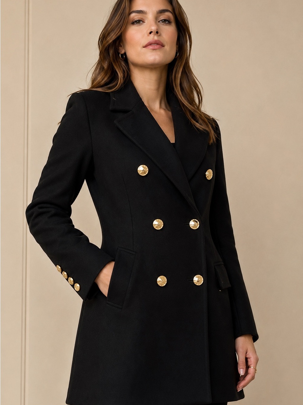 Calvin Klein Black Pea Coat with Gold Buttons Wool
